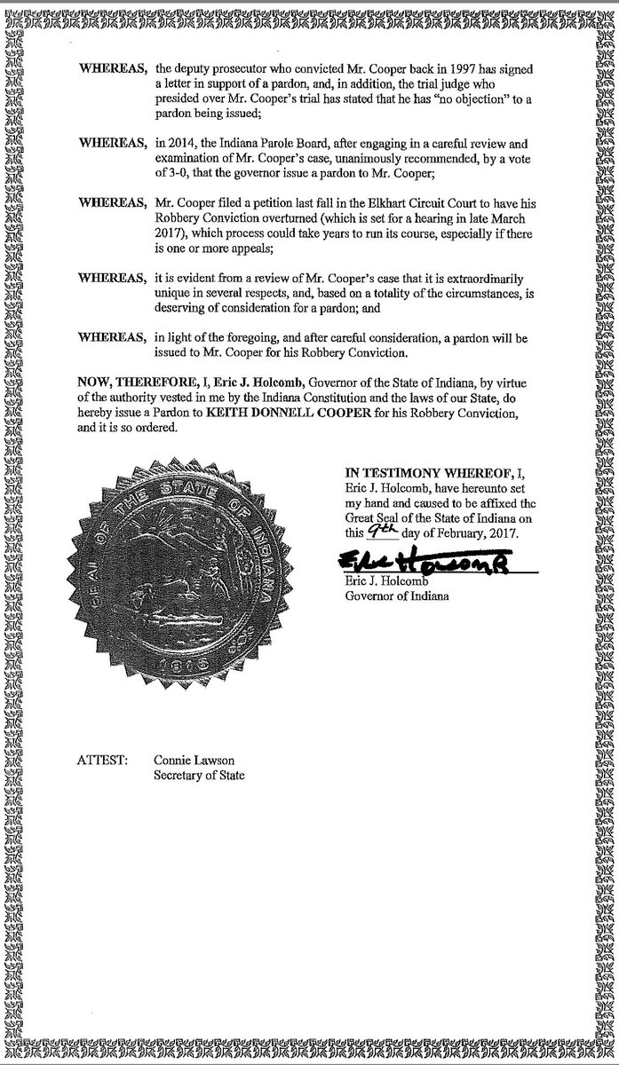 PardonCooper's tweet photo. Here's @GovHolcomb's Executive Order 17-12: Pardon for #KeithCooper. https://t.co/5231sa0401