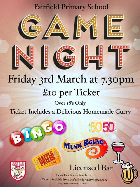 Come &amp; support Fairfield Primary School at #PTA #Game #night #curry #school #BINGO #music #wine #beer #meetfriends