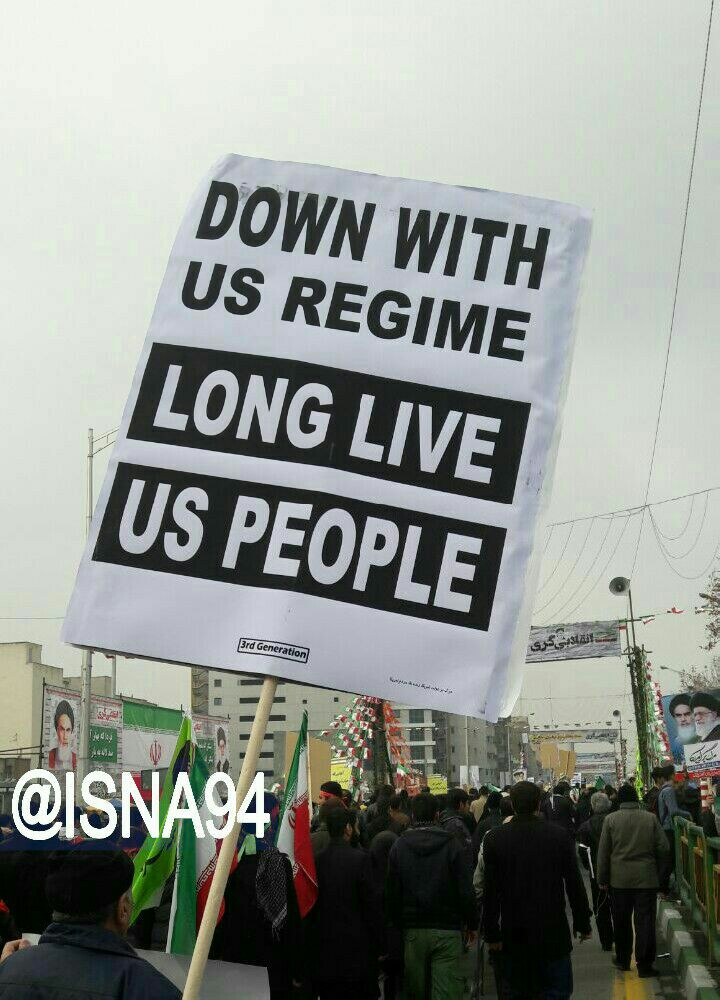 JZarif's tweet photo. On Revolution Day, Iranians turn out in huge numbers to defy threats & insults by US govt; praise American people for rejecting #MuslimBan. https://t.co/lTW50x7Wql