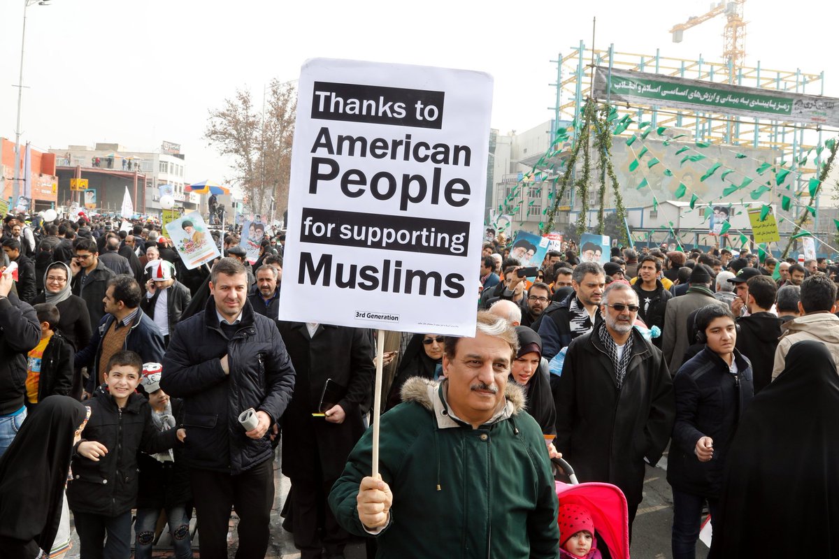 JZarif's tweet photo. On Revolution Day, Iranians turn out in huge numbers to defy threats & insults by US govt; praise American people for rejecting #MuslimBan. https://t.co/lTW50x7Wql