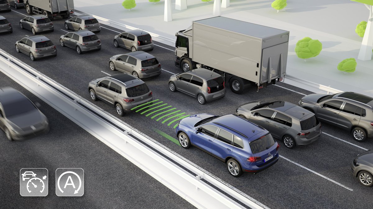 Adaptive cruise control ACC uses a sensor to measure the distance from vehicles in front, and their relative speed. #VW