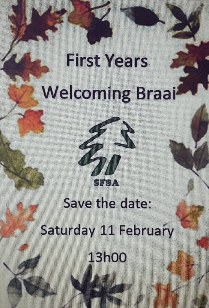 Invitation to all the #Forestry first year students to join the Welcoming Braai tomorrow at 13h00 💚