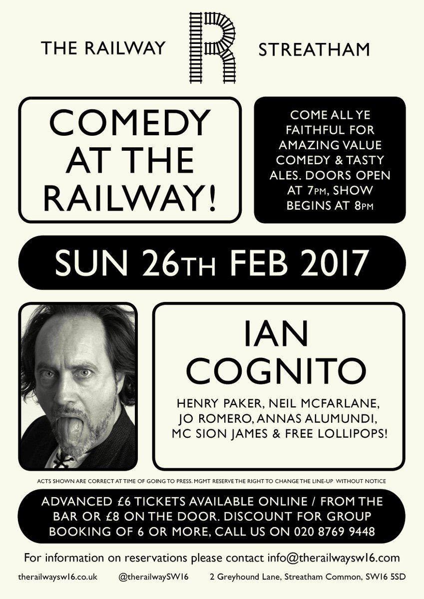 Comedy last Sunday of the month 
@TheRailwaySW16 
<a href="/TheIanCognito/">Ian Cognito</a> 
<a href="/SionJamesComedy/">Sion James</a>