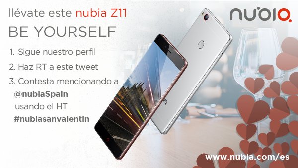 nubiaSpain's tweet photo. ¿A quién te llevarías a cenar este San Valentín? Participa en nuestro concurso y gana un nubia Z11 ¡Participa! Tienes hasta el 14 de Febrero https://t.co/CEquYRsW1g
