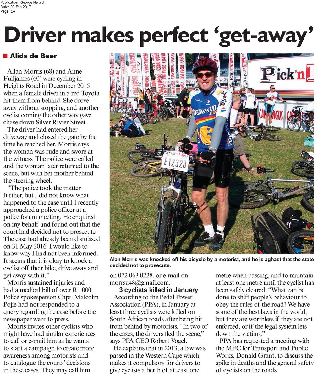 Have SAPS or NPA seriously dropped case against driver who hit 2 cyclists, despite eyewitnesses? #ShareTheRoad <a href="/PedalPowerPPA/">Pedal Power (PPA)</a> <a href="/KienoKammies/">Kieno Kammies</a>