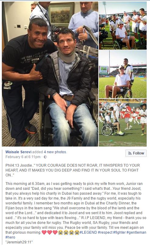 SARugbyChick's tweet photo. Beautiful tribute from Waisale Serevi #joostvanderwesthuizen https://t.co/HgEFrYGPDz via @rugbyfifteen https://t.co/SciWy8Mp3E