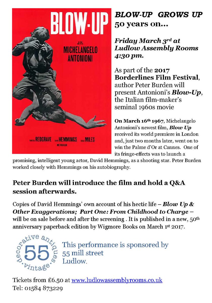 peterburden's tweet photo. I'd be ecstatic to see you at 50th Anniversary screening of Antonioni's BLOW UP in Ludlow March 3rd 2017...... https://t.co/86SyiEA3Ar