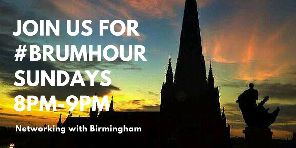 BrumHour's tweet image. You are invited to network with #Birmingham EVERY Sunday at 8pm. Use the #BrumHour hashtag to introduce yourself &amp;amp; the work you do.