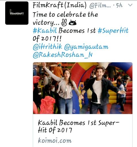 ZeenRonitian11's tweet photo. The favourite one is now on #01
Congrats! #TeamKaabil
Wonderful job..@RonitBoseRoy @rohitroy500 @iHrithik @_SanjayGupta ThumbsUp!!! https://t.co/tJj2oTTxy6