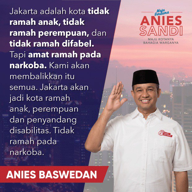 Jakarta harus jadi kota yang ramah anak , ramah perempuan, ramah difabel, tapi tidak ramah pada narkoba! #DebatFinalPilkadaJKT