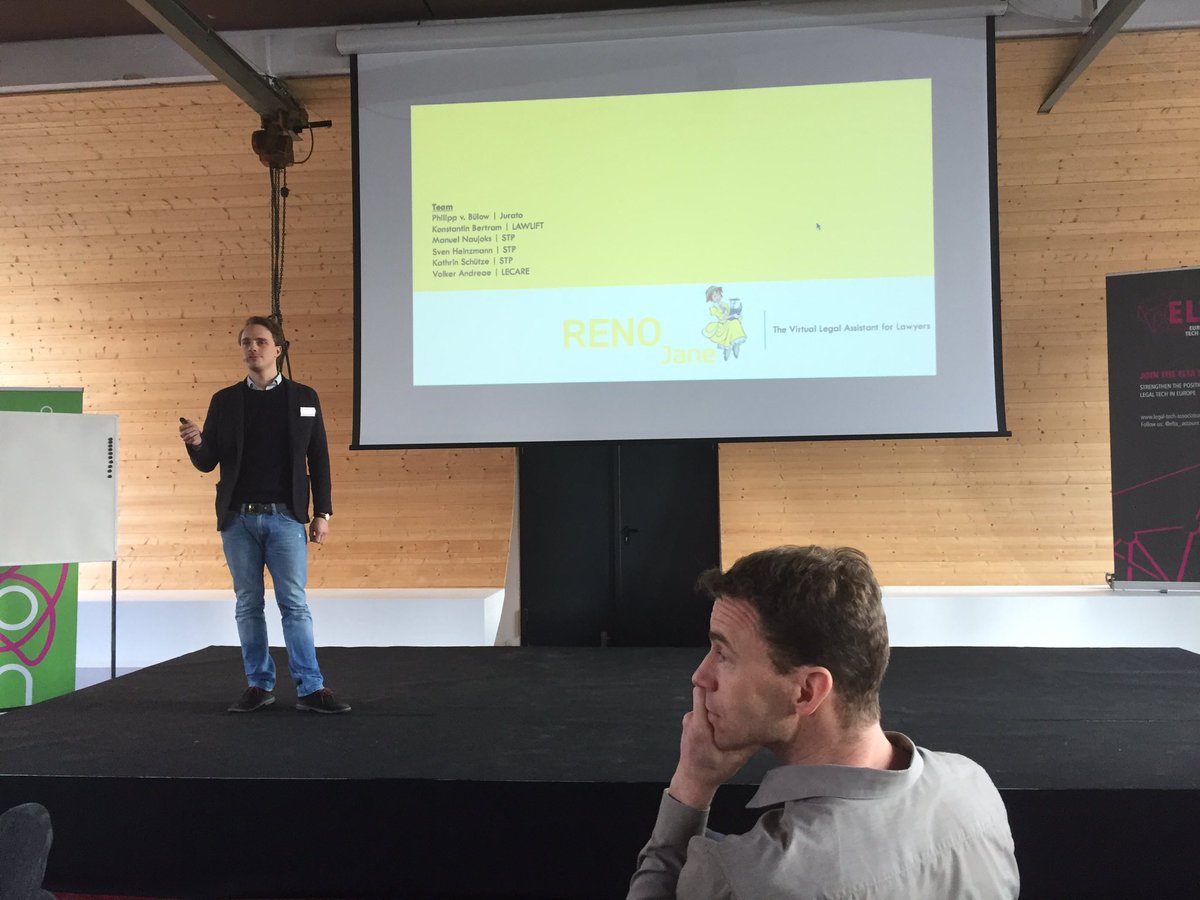 mchartung's tweet photo. Gewinner des #hackinglegal Pitches: #renojane, "Virtual Legal Assistant for Lawyers". Just great. @MichaGrupp @elta_account https://t.co/wLqXjr4vpa