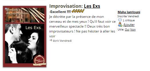 #LesExs #AvisBR

en avril @ improvidence.fr

<a href="/odilecantero/">Odile Cantero</a> @NicBoulet 

#impro #improvisation #amour #jetequitte