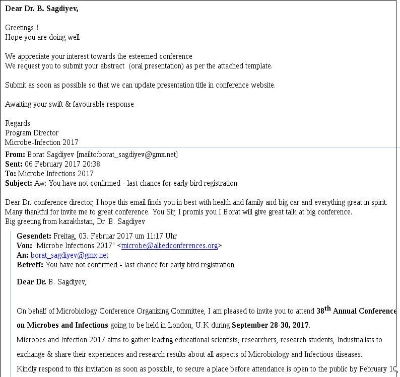 burkhard_mstern's tweet image. #Borat gets yet another invitation to present his research at #predatoryconference