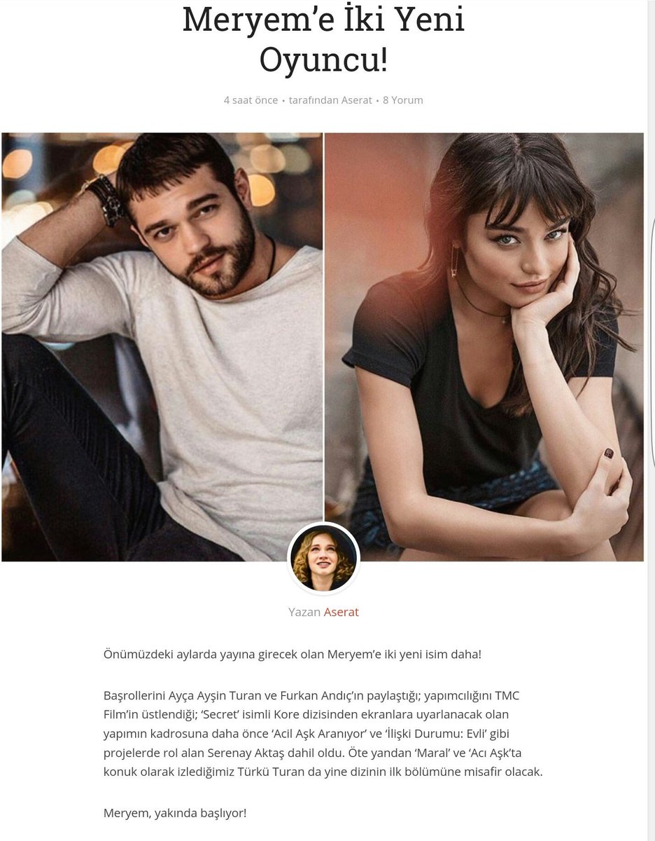 Ayça Ayşin Turan ve Furkan Andıç'ın başrollerini paylaşacağı #Meryem adlı dizinin Kore uyarlaması 'Secret'olduğu öğrenildi!