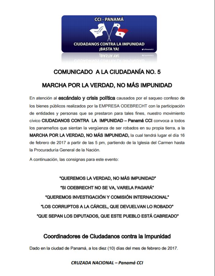 Comunicado a la Ciudadanía - Marcha por la verdad, no más impunidad. 16 de febrero 2017 5 pm <a href="/PanamaCci/">CCI-Panamá®</a>
