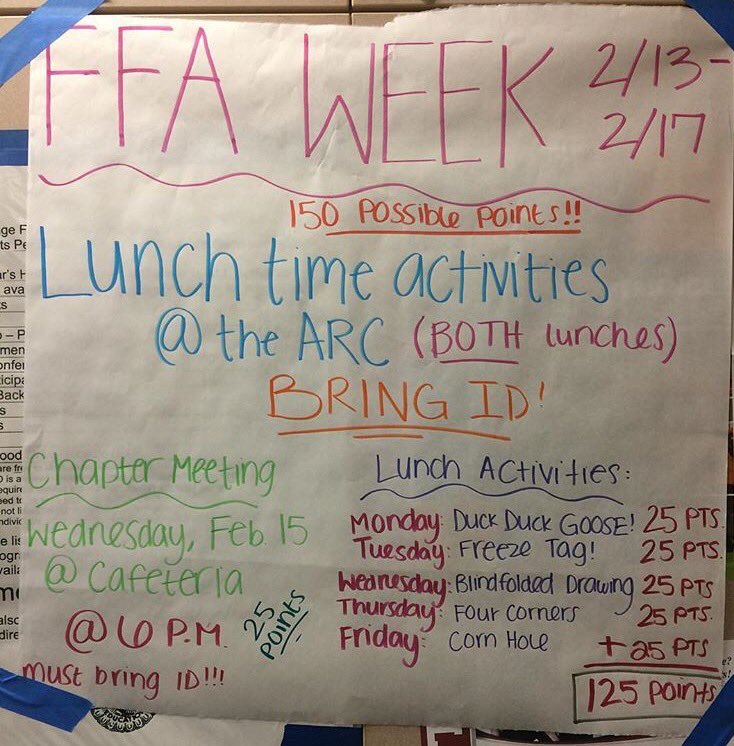 LilyGoat1's tweet photo. Bring your ID to both lunches next week for FFA WEEK!!! Games will be played 25 points per activity! #FFAweek https://t.co/0NyoFh10vw