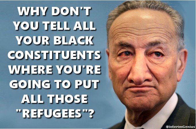 InterimGenius's tweet photo. #Faketears #ChuckSchumer never mentions where he plans to unload all those #refugees

#Liberal #democrats continue to destroy inner cities. https://t.co/jTO7pGelPW