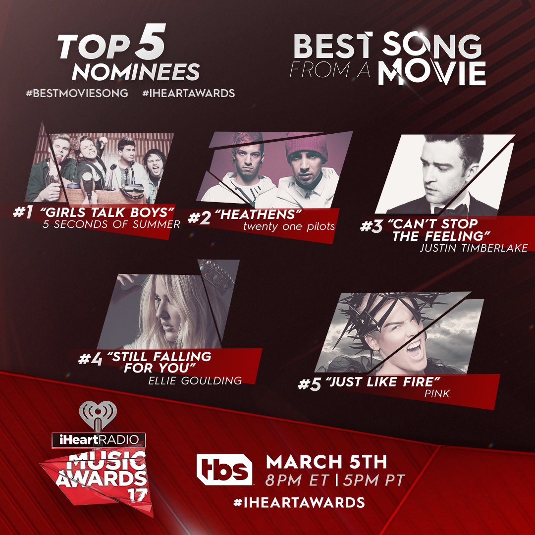 iHeartRadio's tweet photo. #BestMovieSong Leaderboard: 5SOS is back at the top, but it's still a very close race with TØP. Keep voting to help your fave #iHeartAwards https://t.co/ajDguFgv33