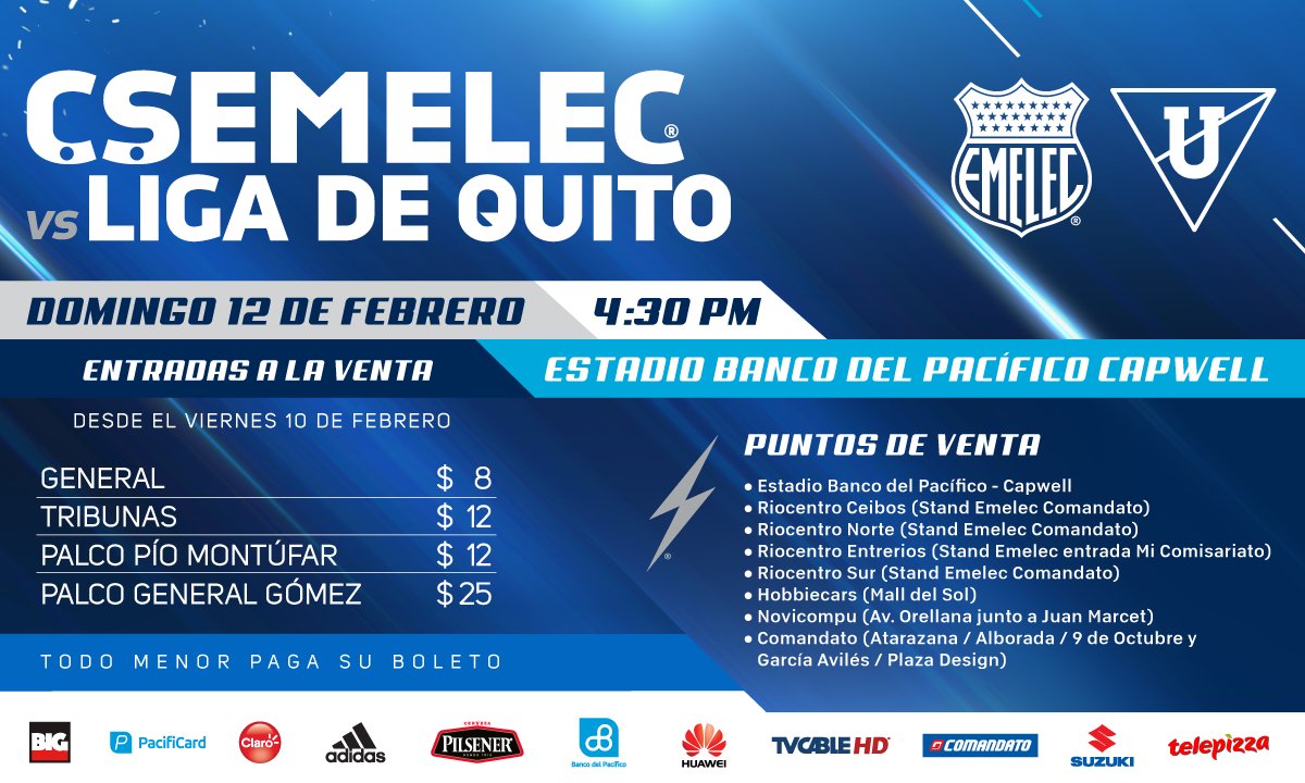 CSEmelec's tweet photo. Este domingo no puedes faltar al Estadio Banco del Pacífico Capwell. Precios y puntos de venta para el partido @CSEmelec VS @LDU_Oficial https://t.co/FqMfVA8yOa