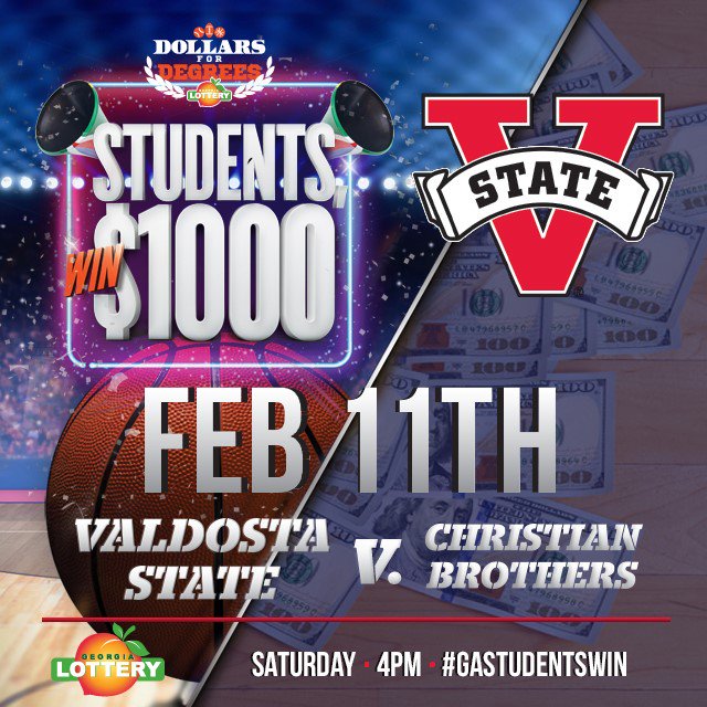 GeorgiaLottery's tweet photo. We’re excited to head down south and watch @valdostastate battle Christian Brothers on Saturday! Two students will win $1K! #GAStudentsWin https://t.co/4VF4Wm3Vsr