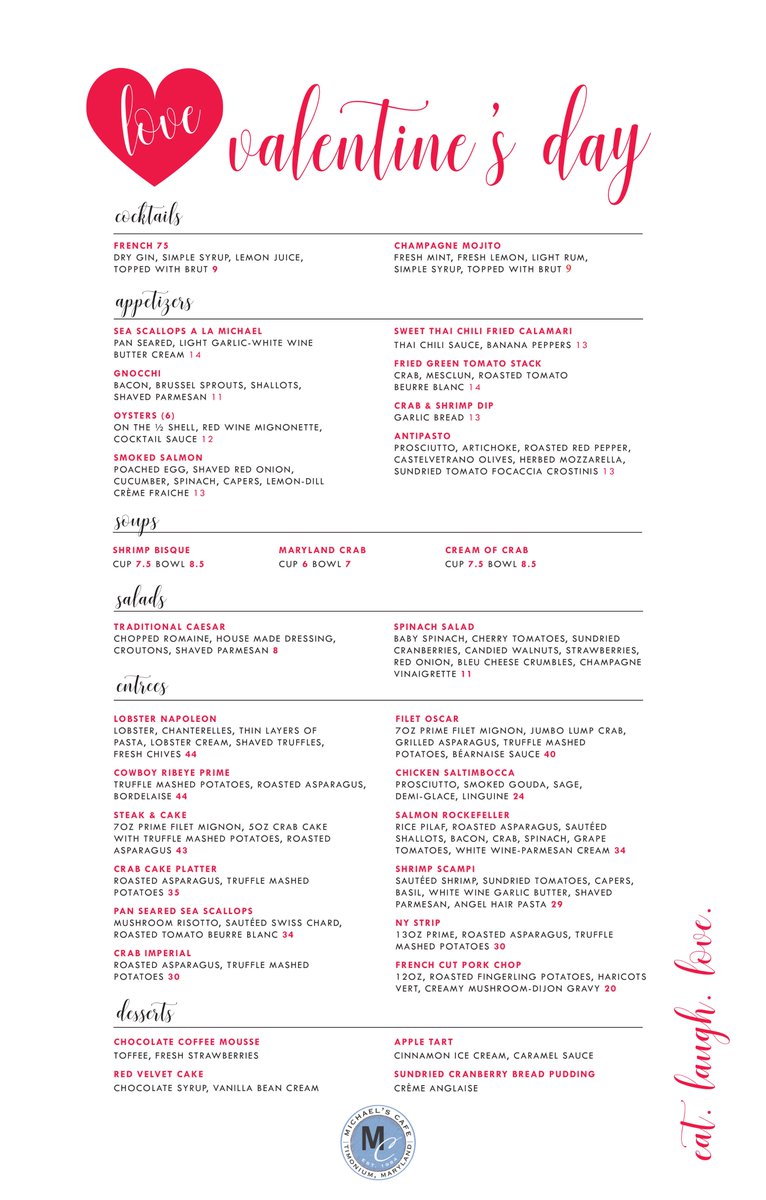 VDAY Menu for this Tuesday!  Make your reservation today 410-252-2022  LOVE! #VDAY #VALENTINE #michaelscafe