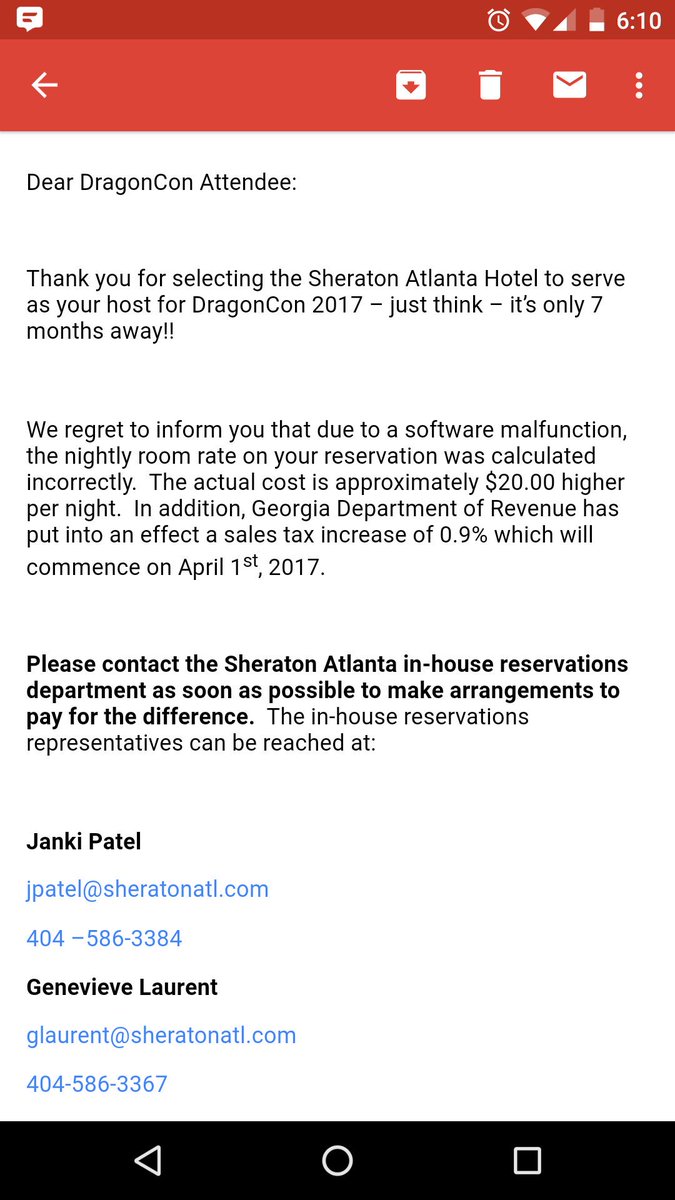 knitspinrose's tweet photo. @MelindaHamby @DragonCon @Laurealis #Sheraton not honoring "fully pre-paid" hotel stay. They want more $ or they cancel reservation. https://t.co/NLI15bEEIG