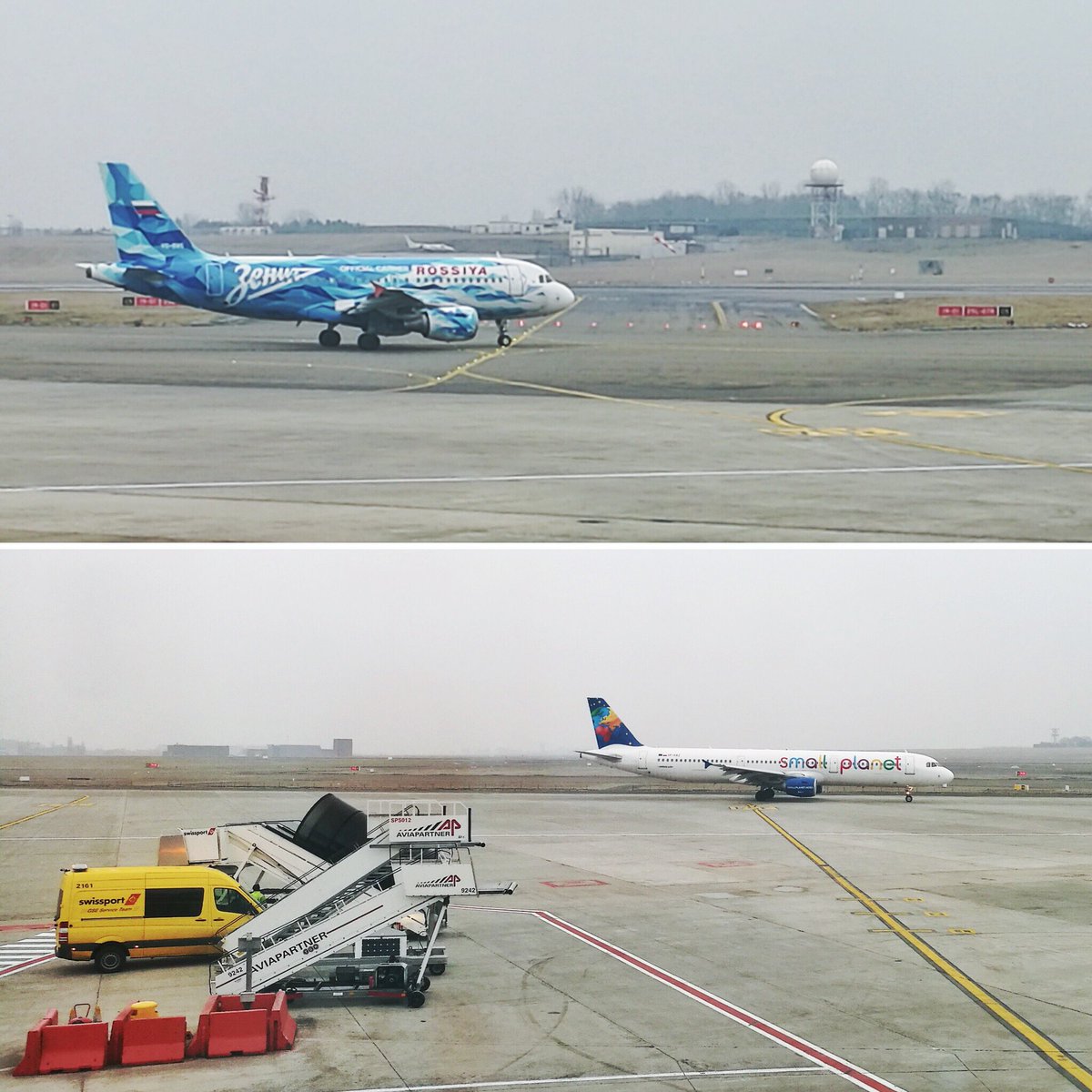 Picture on top: a Rossiya A319 with FC Zenit Saint Petersburg livery. Picture below: a Small Planet A321.