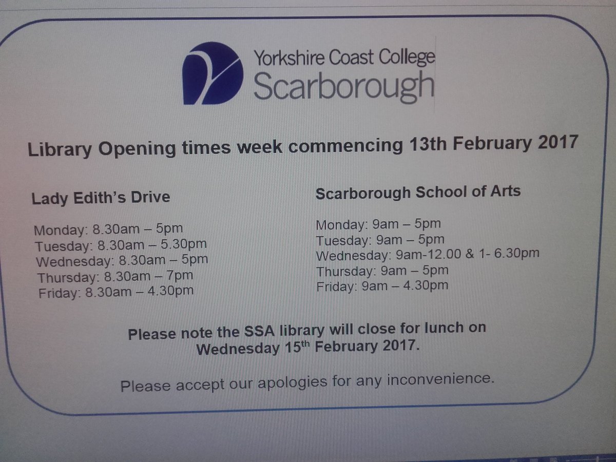 LRC_STEC's tweet photo. Opening times for next week @ycoastco @S_S_Arts https://t.co/oQq6rHRTHT