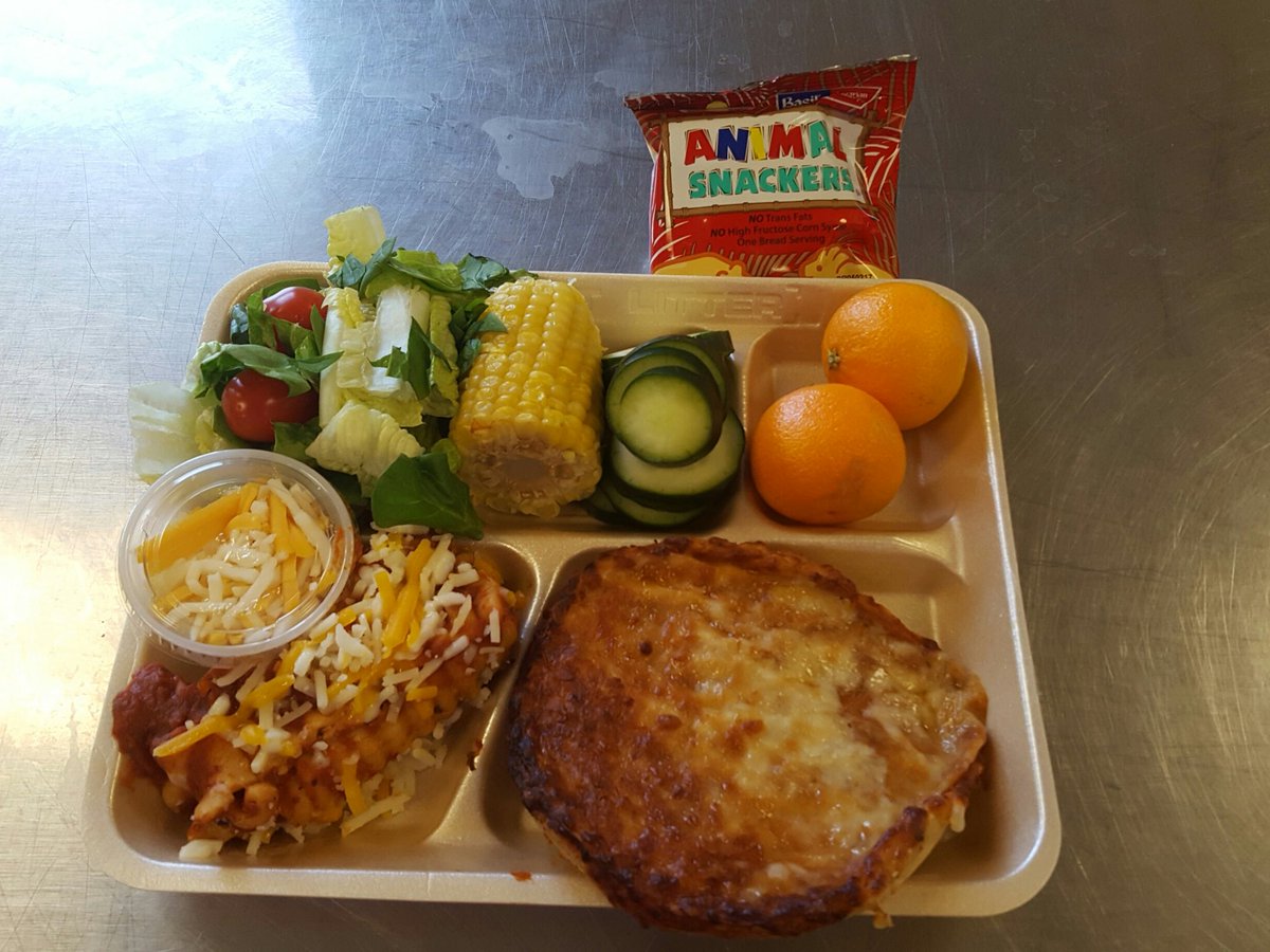 OES_lunch's tweet photo. Fabulous Friday lunch.  New item lasagna cheese roll or pizza.  Garden salad corn on cob sliced cucumber tangerine &amp; animal cracker. https://t.co/PA1PhSv2K9