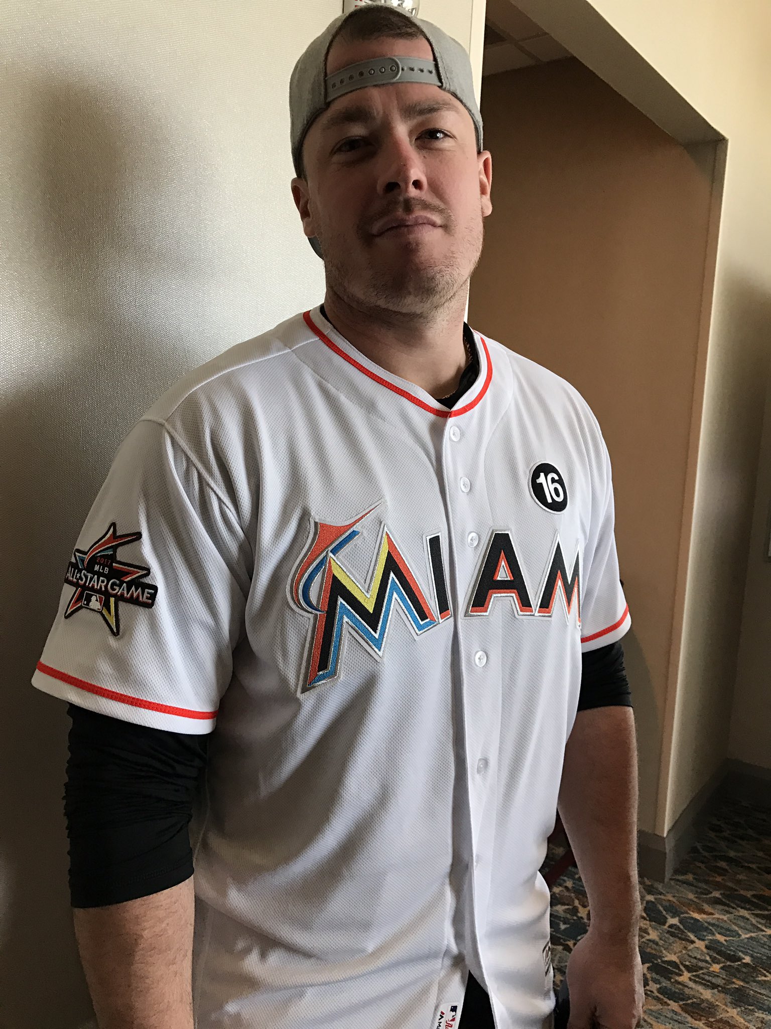 Joe Frisaro on X: Justin Bour modeling #Marlins jersey. #16 in