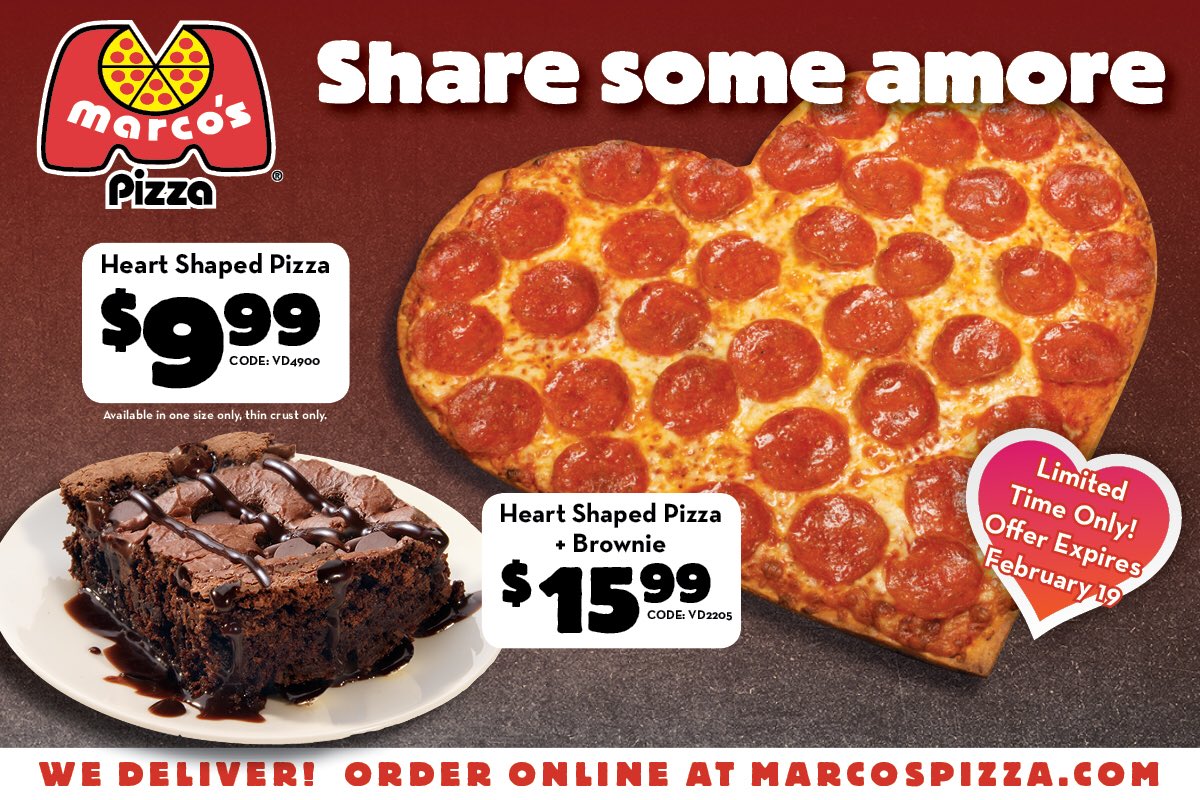 marcospizzasav's tweet photo. Calling all pizza lovers! Join in our Valentines fun by ordering a heart shaped pizza and add a delicious brownie too! #valentines #pizza https://t.co/VJusGEJBTj