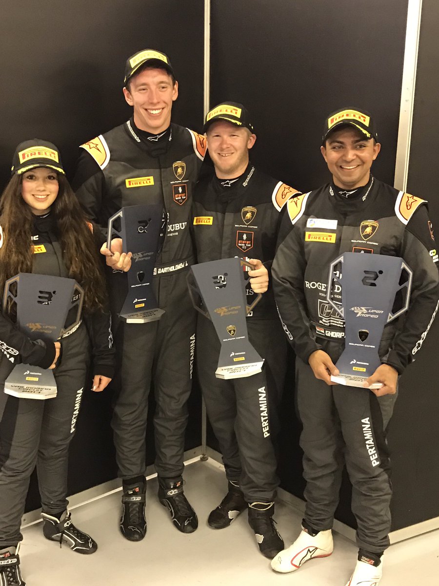 gomotorsportman's tweet photo. @gomotorsportman drivers @jbartholomew_1 @carrie_one @ParthGhorpade    @spikegoddard finish P2 &amp; P3 in first @LamborghiniSC https://t.co/bQQgDJgVRZ