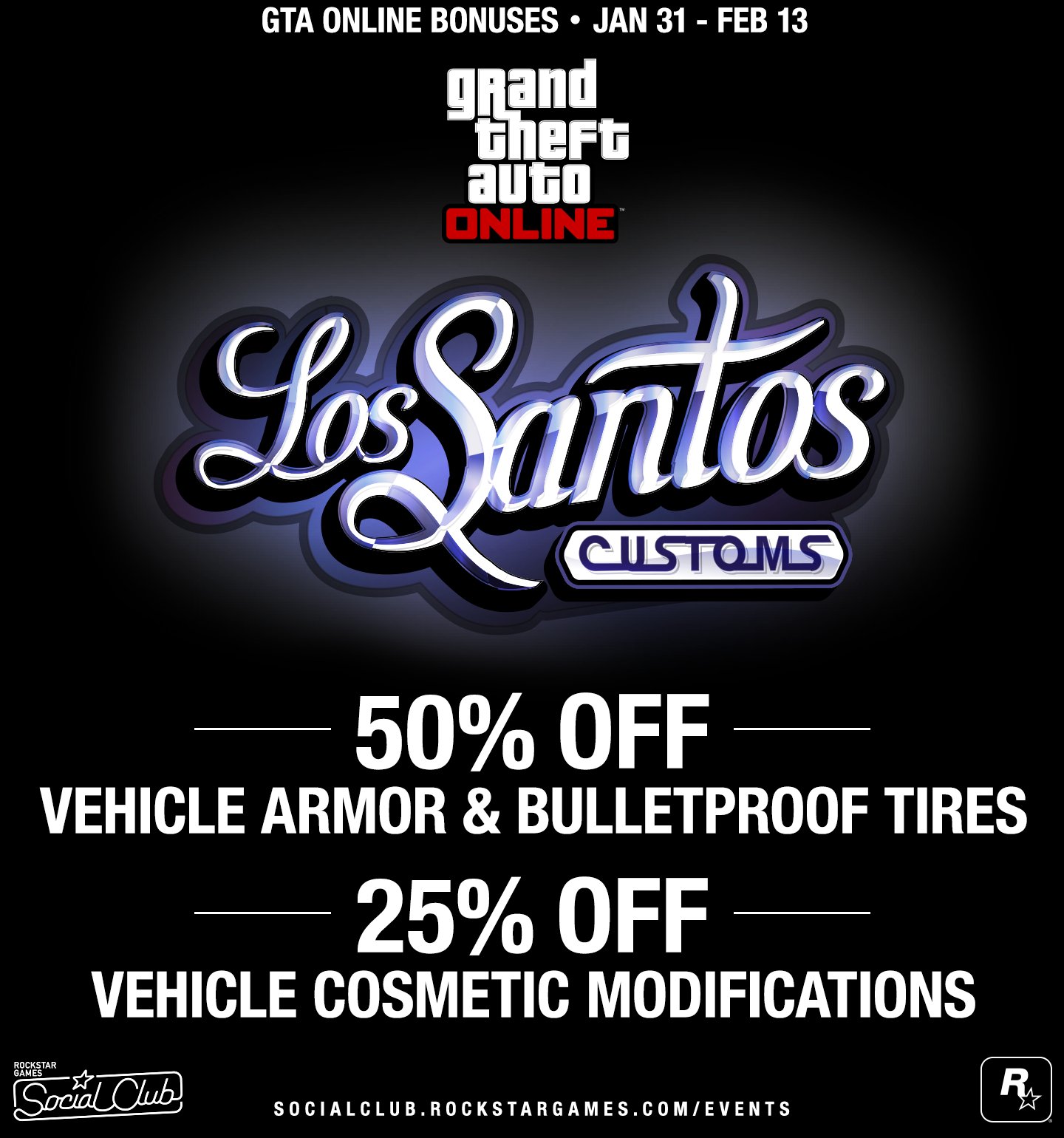 Rockstar Games on X: Los Santos Customs Sale 50% off Vehicle Armor &  Bulletproof Tires 25% off Vehicle Cosmetic Modifications #GTAOnline    / X