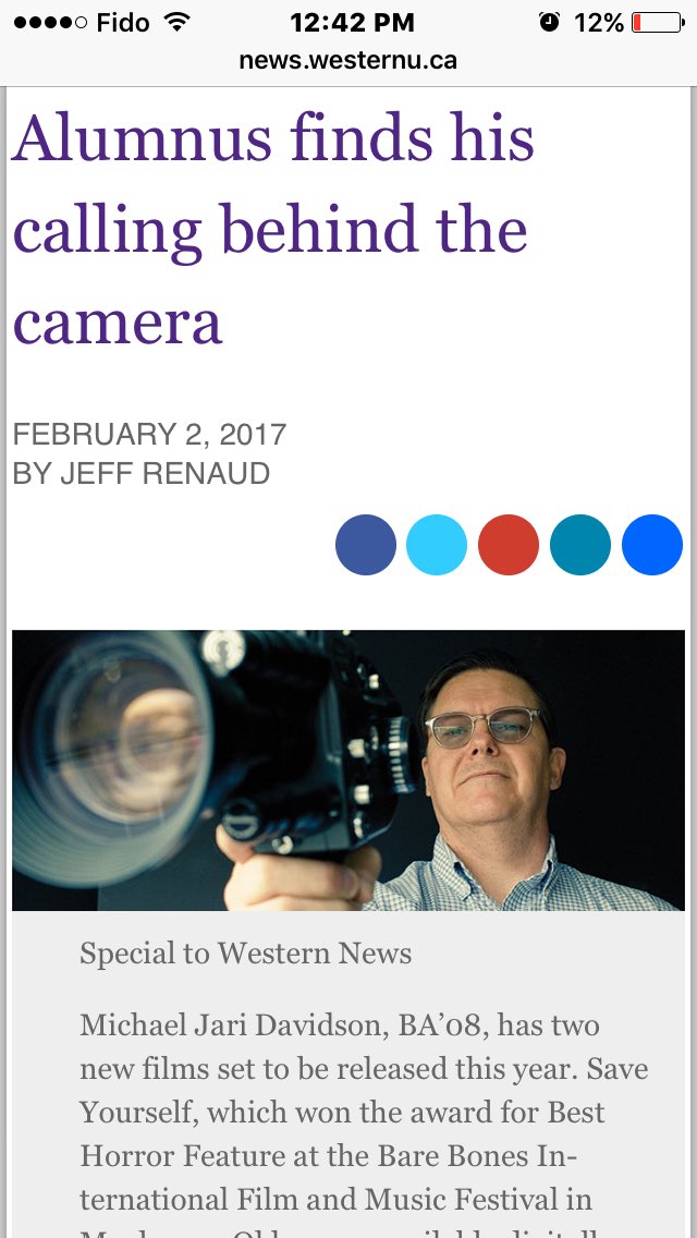 MJD_DOP's tweet photo. RT! #WesternNews wrote a nice story on me https://t.co/1MCZaqgHZH and I mention @SaveYourselfMVE now out on iTunes in #Canada! #CDNhorror https://t.co/GIz2lL9era