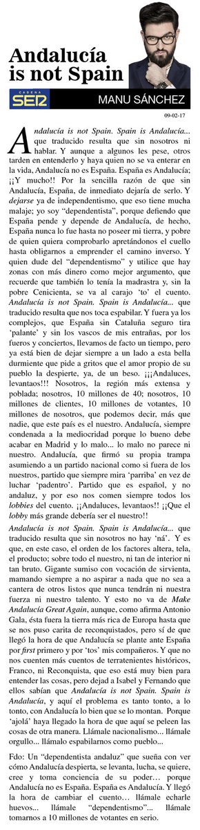 _ManuSanchez_'s tweet photo. 🔴Columna | "ANDALUCÍA IS NOT SPAIN" 
Dependentismo para que dejen de comernos todos los lobbies del cuento! @La_SER 
https://t.co/J973Vu39DO https://t.co/QV99lPrZk9