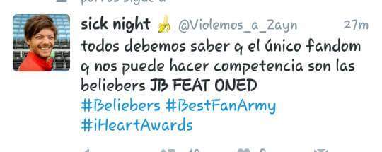 FlorDeBelieber's tweet photo. Las directioners ayudaron a votar en la categoría “ Best Fan Army” a las Beliebers

JB FEAT ONED

#Beliebers #BestFanArmy #iHeartAwards https://t.co/oCwiW7tt16