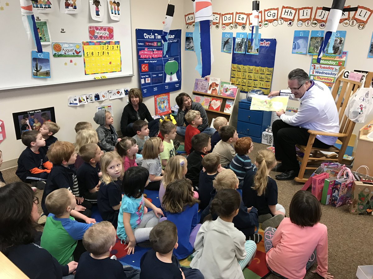 D110Storyteller's tweet photo. Superintendent Pat Devine getting back in the classroom today! Reading "Ruby Valentine" to Rainbow Preschool students. https://t.co/RCxcarRAU3