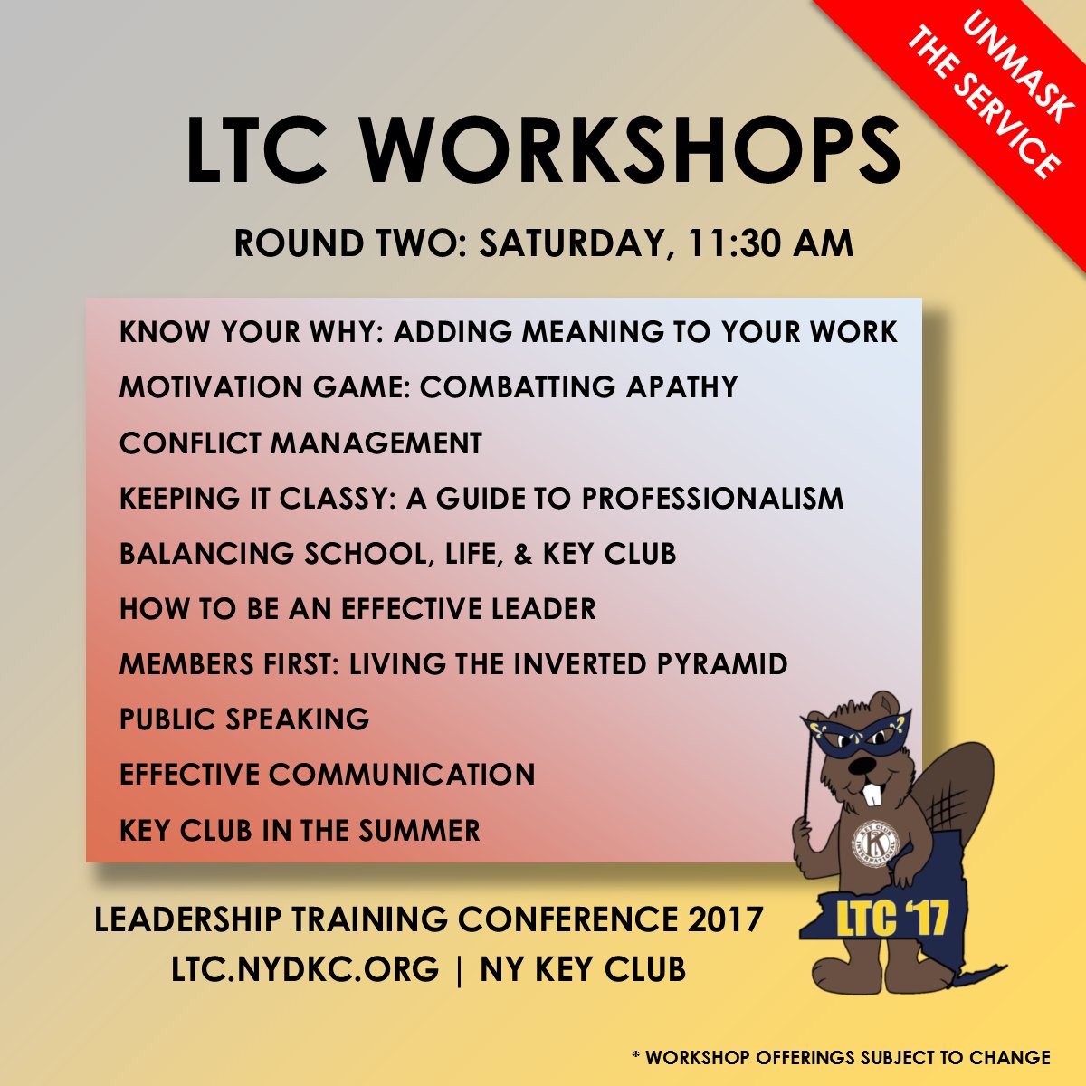 NYKeyClub's tweet photo. Check out the second round of workshops for this year's Leadership Training Conference (3/31-4/2)! Head to https://t.co/ybTJWCCEPN #LTC2017 https://t.co/CeAzc6qIqy