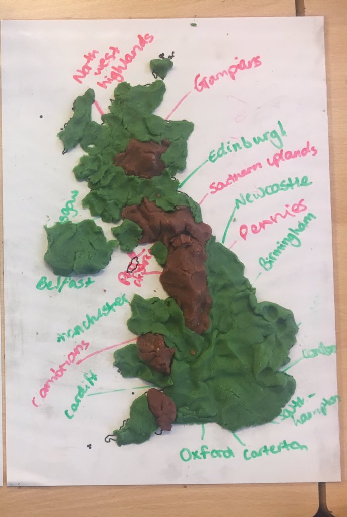 MissASearle's tweet image. A selection of the excellent play doh maps created by Year 7 to illustrate the relief of the UK this week! ⛰#pedagoofriday