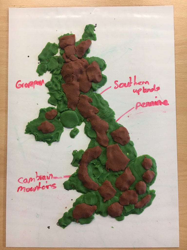 MissASearle's tweet image. A selection of the excellent play doh maps created by Year 7 to illustrate the relief of the UK this week! ⛰#pedagoofriday