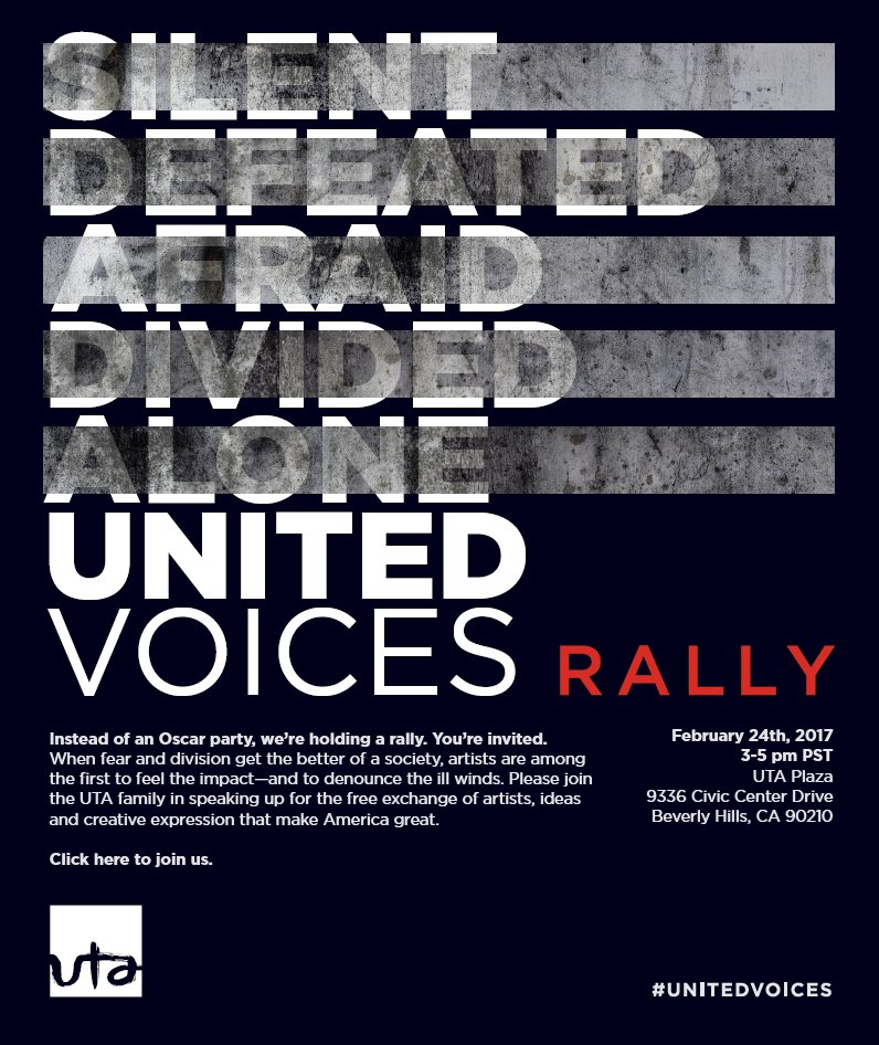 UTAFoundation's tweet photo. For this year's Oscars #UTA will rally &amp; raise funds for @ACLU &amp; @theIRC Join the cause and donate: https://t.co/PbwPDnbCQU #UnitedVoices https://t.co/VqonTrJRvC