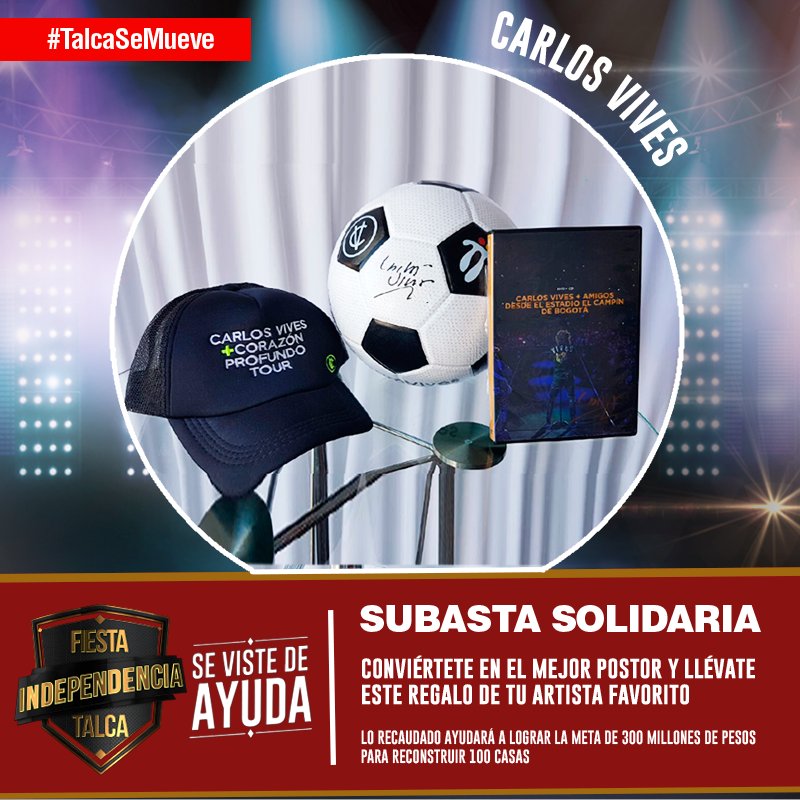 TVN's tweet photo. ¡Participa en la subasta solidaria! Este pack de @carlosvives se va con el mejor postor y tu dinero a #TalcaSeMueve→ https://t.co/lwahYDA7Bl https://t.co/RLox5WsJVN