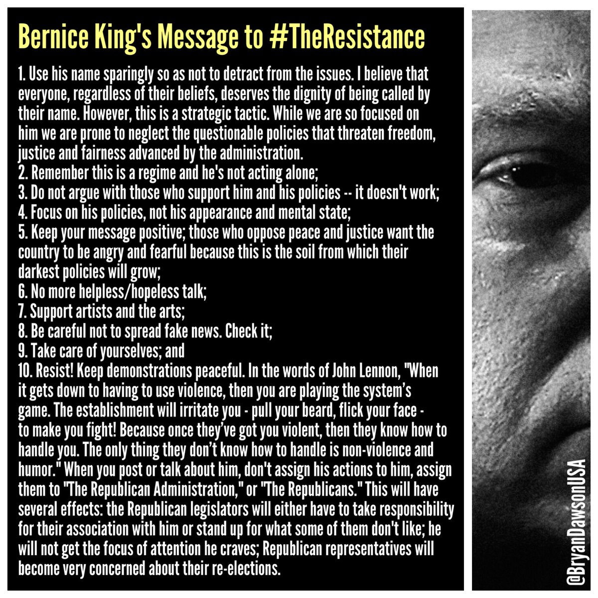 BryanDawsonUSA's tweet image. #MLK's daughter, @BerniceKing, posted this message to #TheResistance