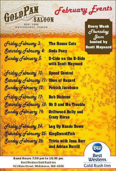 YukonMaverick's tweet photo. Check out our great February entertainment line up at the Gold Pan Saloon in the @BestWestern Gold Rush In! #LiveMusic https://t.co/izh2HSjRNZ