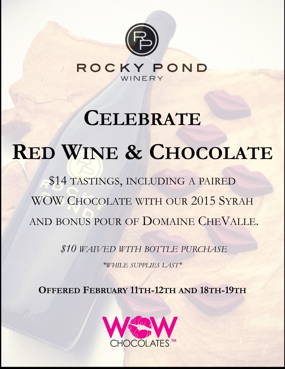 RockyPondWinery's tweet photo. @LakeChelanAVA annual Red Wine &amp; Chocolate weekends! We will be featuring a tasting with @WowChocolates infused bonbon with our Syrah! https://t.co/Bo2h0Oe7cl