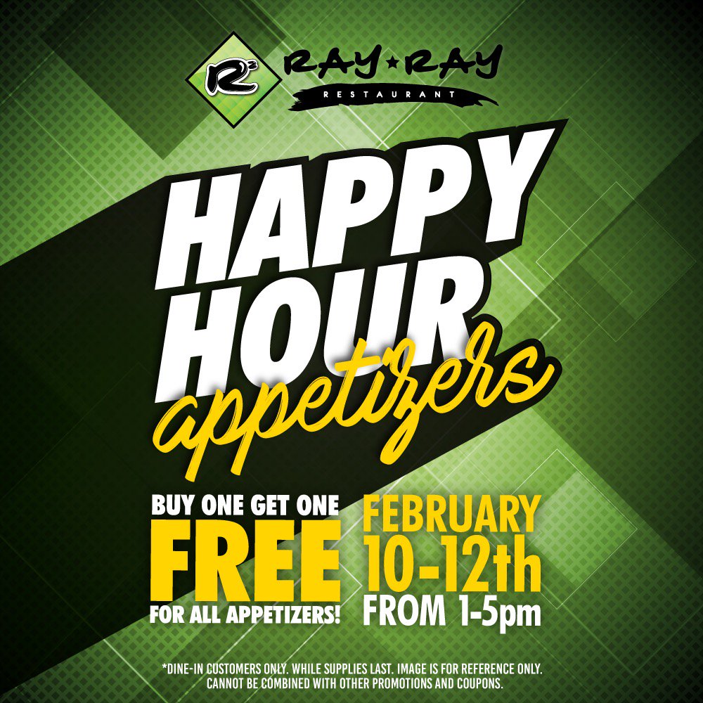 R2Restaurant's tweet photo. This entire weekend, from 1 PM - 5 PM, is our happy hour special. Buy one get one free for all appetizers! Dine-in only.
#R2Restaurant https://t.co/ezXd0zNwiO