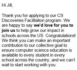 Jill_Snell81's tweet photo. Thank you, thank you, thank you, @codeorg! I can't wait for my next CS adventure to begin!!! See you this summer at TeacherCon! #CSforAll https://t.co/hUwtVqkbD1