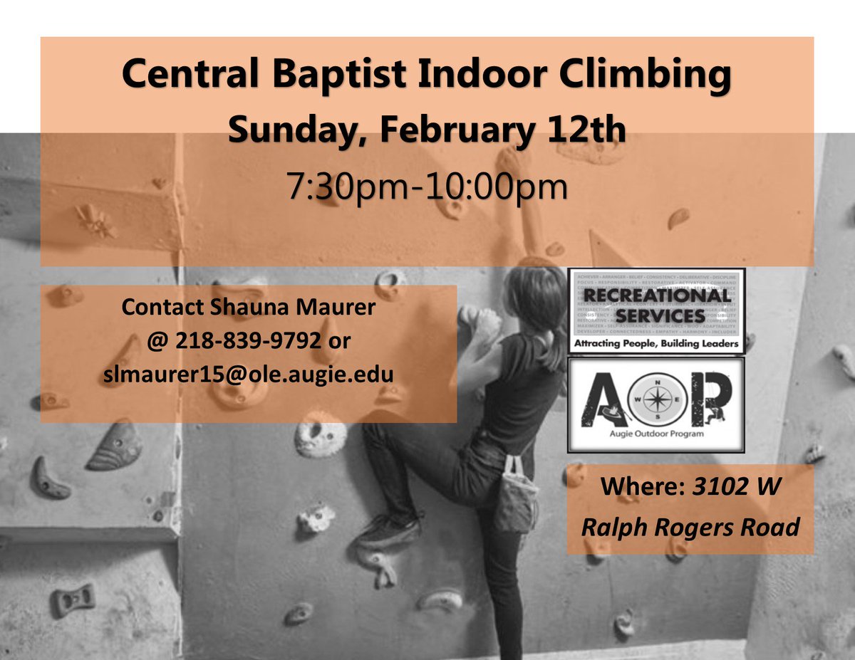Join us this Sunday, Feb. 12th from 7:30-10:00pm for indoor climbing at Central Baptist Church! <a href="/AugieRec/">Augie Rec Services</a> ; <a href="/AugustanaSD/">Augustana University</a>