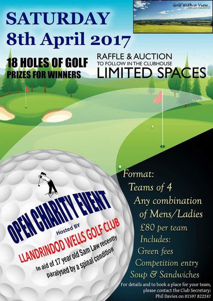 GolfLlandrindod's tweet photo. Please support our Charity Event for one of our members sons Sam Law who was paralysed by a spinal condition.
#SamLaw #GetInvolved #golf https://t.co/DPKWWIag7f