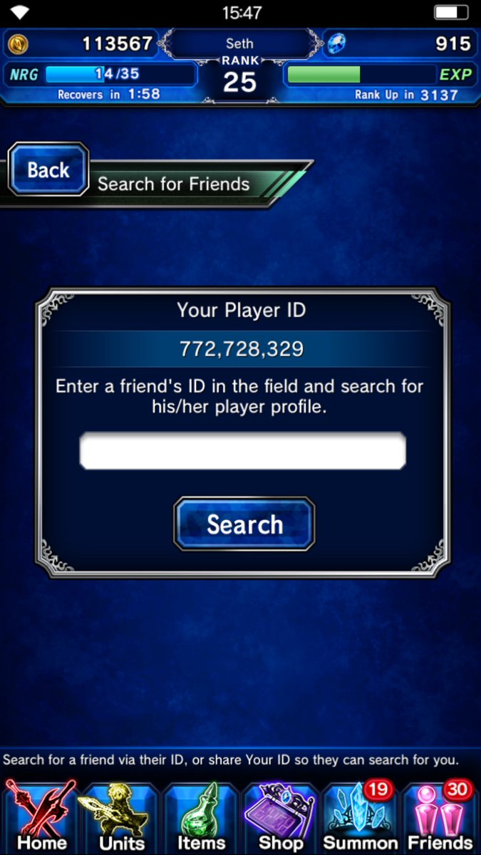 SethHay's tweet photo. If you're playing #FinalFantasyExvius, here's my player ID! @FFBE_EN https://t.co/cl5xIjICNL